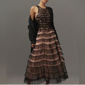 Anthropologie Large Sleeveless Halter Ruffled Tulle Pink Black Lace Midi Dress